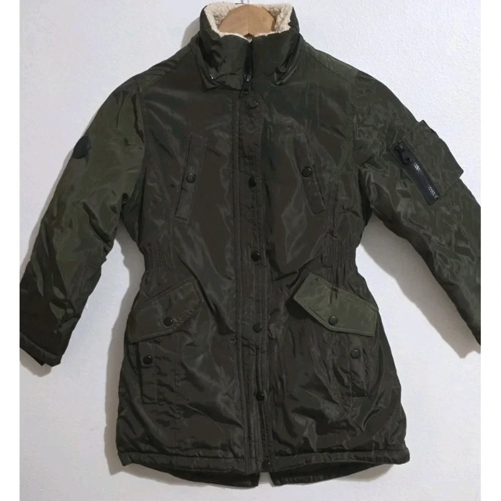 Steve Madden Girls Faux Fur Trim Parka Jacket Coat Olive Green Moto Sz S 7-8‎